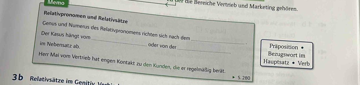 Memo 
dr die ereiche Vertrieb und Marketing gehören. 
Relativpronomen und Relativsätze 
Genus und Numerus des Relativpronomens richten sich nach dem 
_ 
Der Kasus hängt vom_ oder von der _Präposition 
im Nebensatz ab. 
Bezugswort im 
Hauptsatz Verb 
Herr Mai vom Vertrieb hat engen Kontakt zu den Kunden, die er regelmäßig berät. 
S. 280
3b Relativsätze im Genitiy