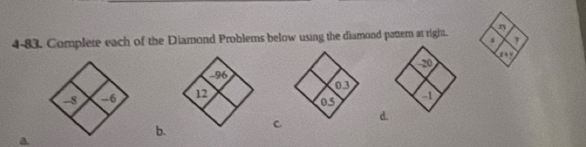 4-83. Complete each of the Diamond Problems below using the diamond pattem at right.
x+y

b. 
c.