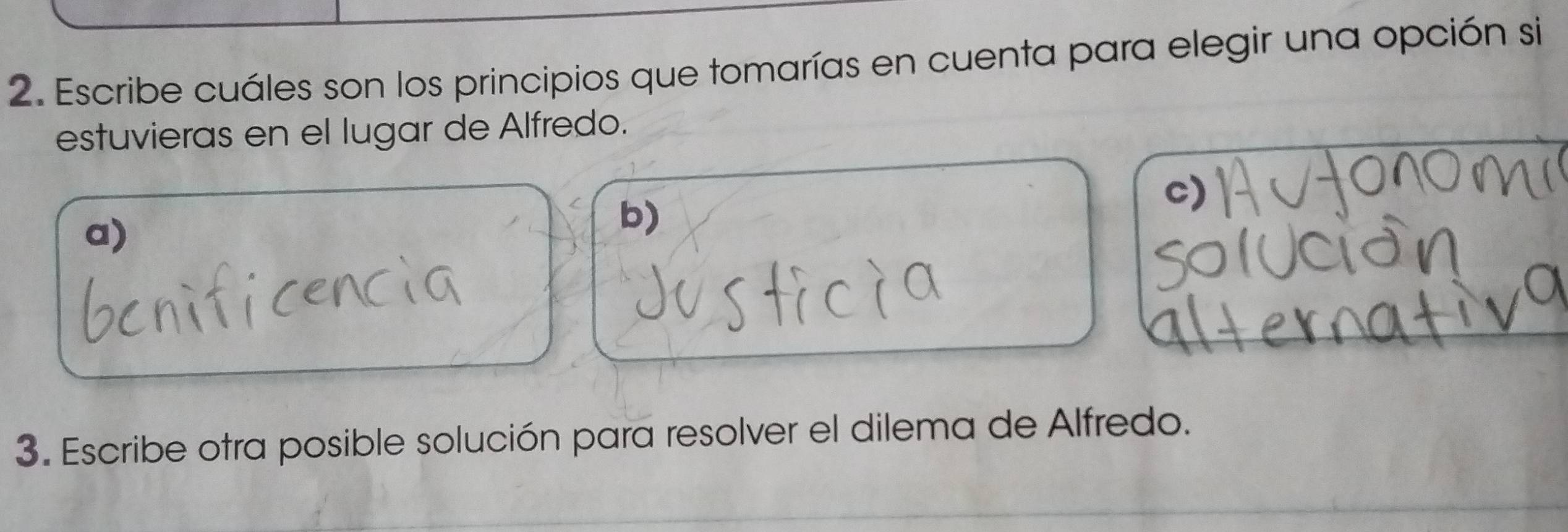 Escribe cuáles son los principios que tomarías en cuenta para elegir una opción si
estuvieras en el lugar de Alfredo.
c)
a)
b)
3. Escribe otra posible solución para resolver el dilema de Alfredo.