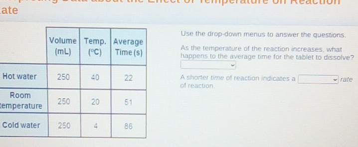 ate
Use the drop-down menus to answer the questions.
As the temperature of the reaction increases, what
happens to the average time for the tablet to dissolve?
HA shorter time of reaction indicates a rate
of reaction.
te
C