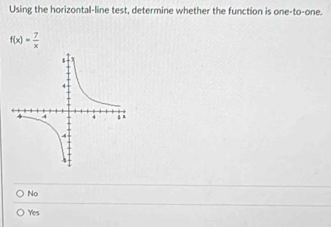 Using the horizontal-line test, determine whether the function is one-to-one.
f(x)= 7/x 
No
Yes