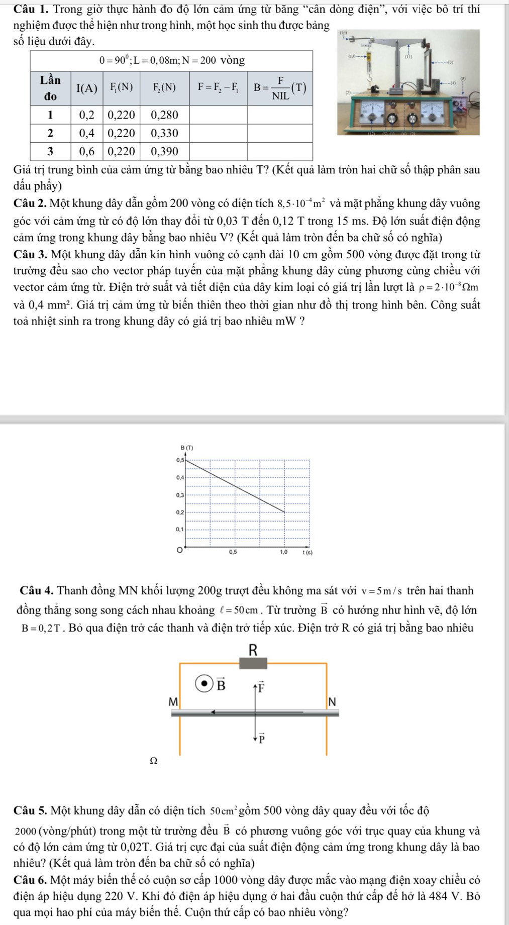 Trong giờ thực hành đo độ lớn cảm ứng từ băng “cân dòng điện”, với việc bô trí thí
nghiệm được thể hiện như trong hình, một học sinh thu được bảng
số liệu dưới đây.
Giá trị trung bình của cảm ứng từ bằng bao nhiêu T? (Kết quả làm tròn hai chữ số thập phân sau
dầu phầy)
Câu 2. Một khung dây dẫn gồm 200 vòng có diện tích 8,5· 10^(-4)m^2 và mặt phẳng khung dây vuông
góc với cảm ứng từ có độ lớn thay đổi từ 0,03 T đến 0,12 T trong 15 ms. Độ lớn suất điện động
cảm ứng trong khung dây bằng bao nhiêu V? (Kết quả làm tròn đến ba chữ số có nghĩa)
Câu 3. Một khung dây dẫn kín hình vuông có cạnh dài 10 cm gồm 500 vòng được đặt trong từ
trường đều sao cho vector pháp tuyến của mặt phẳng khung dây cùng phương cùng chiều với
vector cảm ứng từ. Điện trở suất và tiết diện của dây kim loại có giá trị lần lượt là rho =2· 10^(-8)Omega m
và 0,4mm^2. Giá trị cảm ứng từ biến thiên theo thời gian như đồ thị trong hình bên. Công suất
toả nhiệt sinh ra trong khung dây có giá trị bao nhiêu mW ?
Câu 4. Thanh đồng MN khối lượng 200g trượt đều không ma sát với v=5m/s s trên hai thanh
đồng thắng song song cách nhau khoảng ell =50cm. Từ trường B có hướng như hình vẽ, độ lớn
B=0,2T. Bỏ qua điện trở các thanh và điện trở tiếp xúc. Điện trở R có giá trị bằng bao nhiêu
Câu 5. Một khung dây dẫn có diện tích 50cm²gồm 500 vòng dây quay đều với tốc độ
2000 (vòng/phút) trong một từ trường đều B có phương vuông góc với trục quay của khung và
có độ lớn cảm ứng từ 0,02T. Giá trị cực đại của suất điện động cảm ứng trong khung dây là bao
nhiêu? (Kết quả làm tròn đến ba chữ số có nghĩa)
Câu 6. Một máy biến thế có cuộn sơ cấp 1000 vòng dây được mắc vào mạng điện xoay chiều có
điện áp hiệu dụng 220 V. Khi đó điện áp hiệu dụng ở hai đầu cuộn thứ cấp đế hở là 484 V. Bỏ
qua mọi hao phí của máy biến thế. Cuộn thứ cấp có bao nhiêu vòng?