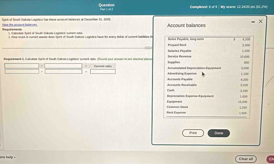 Question Completed: 6 of 9 My score: 12.24/20 pts (61.2%) 
Part 1 of 2 
Spirit of South Dakota Logistics has these account balances at December 31, 2025: 
X 
View the account balances. Account balances 
Requirements 
1. Calculate Spirit of South Dakota Logistics' current ratio. 
2. How much in current assets does Spirit of South Dakota Logistics have for every dollar of current liabilities th Notes Payable, long-term 8,300
Prepaid Rent 2,300
Salaries Payable 1.300
Requirement 1. Calculate Spirit of South Dakota Logistics' current ratio. (Round your answer to two decimal places Service Revenue
10.600
Supplies 900
□ +□ Current ratio Accumulated Depreciation-Equipment 5,000 1,100
□ +□ = □ 
Advertising Expense 
Accounts Payable 4,200
Accounts Receivable 5,000
Cash 3,200
Depreciation Expense-Equipment 1,600
Equipment 15,000
Common Stock 1,200
Rent Expense 1.500
Print Done 
ore help . Clear all Ch