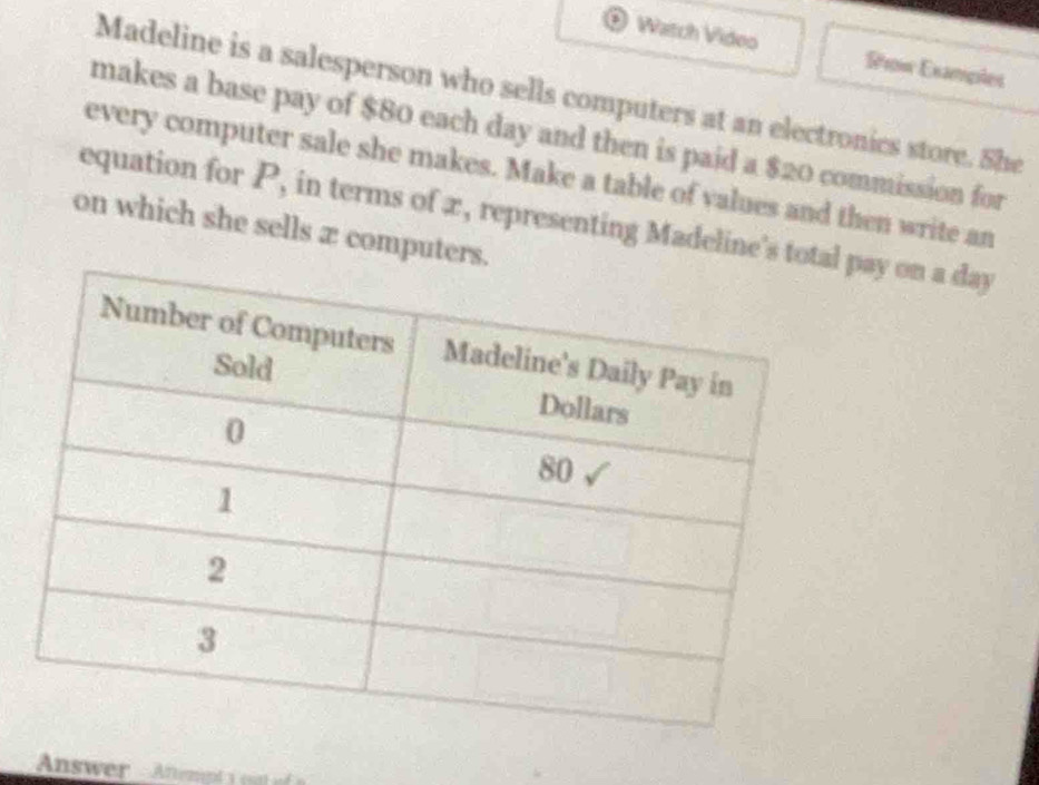 Watch Video Srow Examples 
Madeline is a salesperson who sells computers at an electronics store. She 
makes a base pay of $80 each day and then is paid a $20 commission for 
every computer sale she makes. Make a table of values and then write an 
equation for P, in terms of x, representing Madeline'spay on a day
on which she sells æ compute