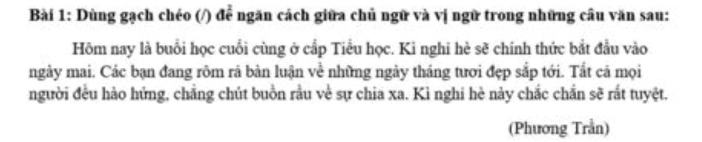 Dùng gạch chéo (/) để ngăn cách giữa chủ ngữ và vị ngữ trong những câu văn sau: 
Hôm nay là buổi học cuối cùng ở cấp Tiểu học. Ki nghi hè sẽ chính thức bắt đầu vào 
ngày mai. Các bạn đang rôm rả bản luận về những ngày tháng tươi đẹp sắp tới. Tắt cả mọi 
người đều hào hứng, chẳng chút buồn rầu về sự chia xa. Kì nghi hè này chắc chắn sẽ rất tuyệt. 
(Phương Trần)