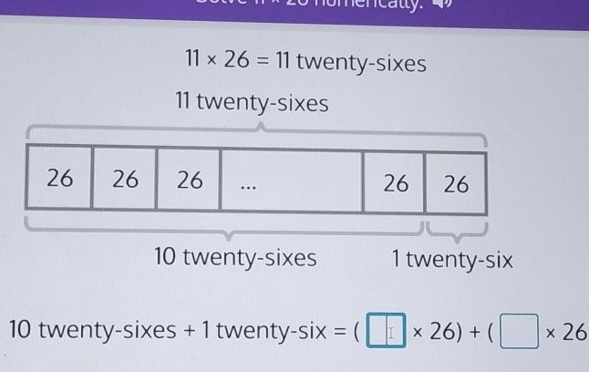 hencally
11* 26=11 twenty-sixes
11 twenty-sixes
10 twenty-sixes 1 twenty-six
10 twenty-sixes + 1 twenty -six=(□ * 26)+(□ * 26