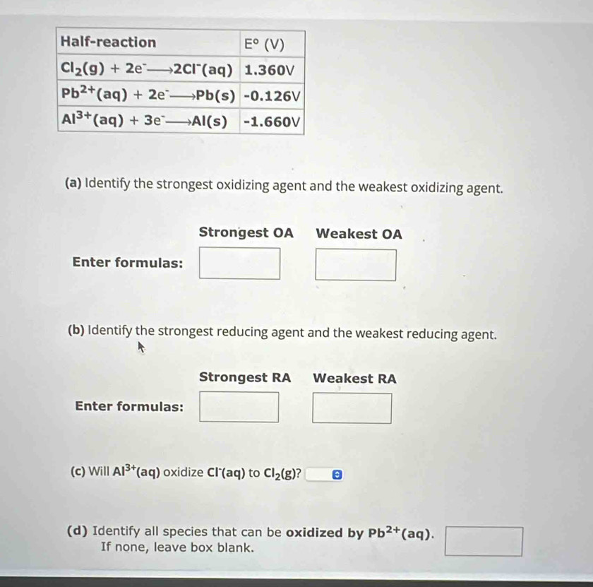 Identify the strongest oxidizing agent and the weakest oxidizing agent.
Strongest OA Weakest OA
Enter formulas:
(b) Identify the strongest reducing agent and the weakest reducing agent.
Strongest RA Weakest RA
Enter formulas:
(c) Will Al^(3+)(aq) oxidize Cl^-(aq) to Cl_2(g) _ 
(d) Identify all species that can be oxidized by Pb^(2+)(aq). □
If none, leave box blank.