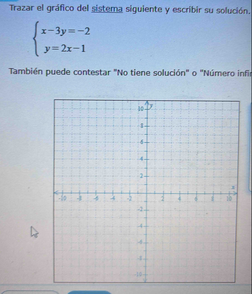 Trazar el gráfico del sistema siguiente y escribir su solución.
beginarrayl x-3y=-2 y=2x-1endarray.
También puede contestar "No tiene solución" o "Número infir