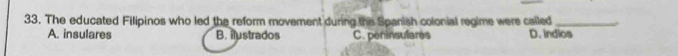 The educated Filipinos who led the reform movement during the Spanish colonial regime were called_
A. insulares B. ilustrados C. peninsulares D. indios