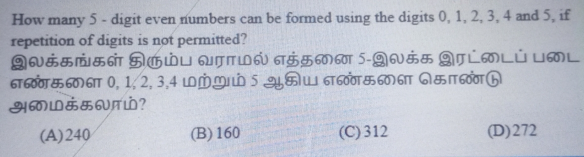 How many 5 - digit even numbers can be formed using the digits 0, 1, 2, 3, 4 and 5, if
repetition of digits is not permitted?
Q& 6 QππL6 σ5 5-Q0& TLL ML
660गあ60) 6π 0, 1; 2, 3, 4 lM 5 2म σ60δæ60) 6π नあπ600h
अLああA?
(A) 240 (B) 160 (C) 312 (D) 272