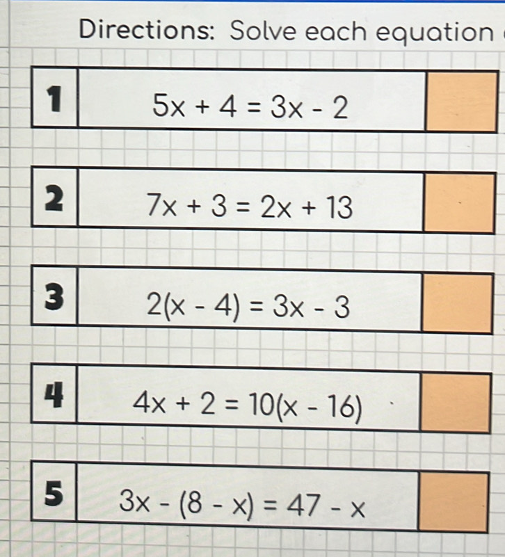 Directions: Solve each equation