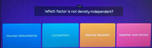 4/17
Which factor is not density-independent?
Human disturbance Competition Natural disasters Weather and climate