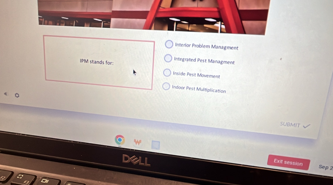 Interior Problem Managment
Integrated Pest Managment
IPM stands for:
Inside Pest Movement
Indoor Pest Multiplication
SUBMIT
Exit session Sep 2