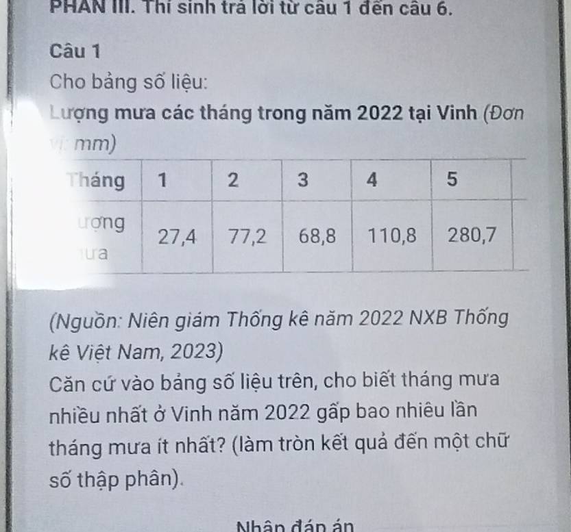 PHAN III. Thí sinh trá lời từ câu 1 đến câu 6. 
Câu 1 
Cho bảng số liệu: 
Lượng mưa các tháng trong năm 2022 tại Vinh (Đơn 
mm) 
(Nguồn: Niên giám Thống kê năm 2022 NXB Thống 
kê Việt Nam, 2023) 
Căn cứ vào bảng số liệu trên, cho biết tháng mưa 
nhiều nhất ở Vinh năm 2022 gấp bao nhiêu lần 
tháng mưa ít nhất? (làm tròn kết quả đến một chữ 
số thập phân). 
Nhân đán án