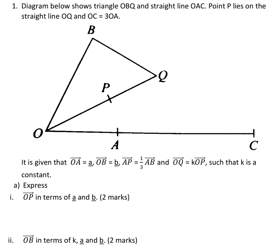 Diagram below shows triangle OBQ and straight line OAC. Point P lies on the 
straight line OQ and OC=3OA. 
It is given that vector OA=_ a, vector OB=_ b, vector AP= 1/3 vector AB and vector OQ=kvector OP , such that k is a 
constant. 
a) Express 
i. vector OP in terms of a and b. (2 marks) 
ii. vector OB in terms of k, a and b. (2 marks)