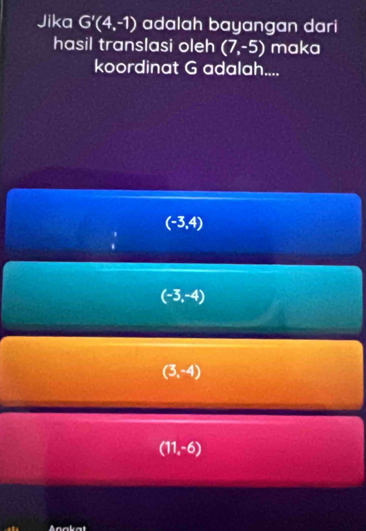 Jika G'(4,-1) adalah bayangan dari 
hasil translasi oleh (7,-5) maka
koordinat G adalah....
(-3,4)
(-3,-4)
(3,-4)
(11,-6)