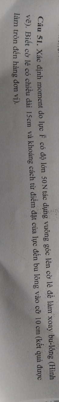 Xác định moment do lực F có độ lớn 50Ntác dụng vuông góc lên cờ lê để làm xoay bu-lồng (Hình 
vẽ). Biết cờ lê có chiều dài 15cm và khoảng cách từ điểm đặt của lực đến bu lông vào cỡ 10 cm (kết quả được 
làm tròn đến hàng đơn vị).