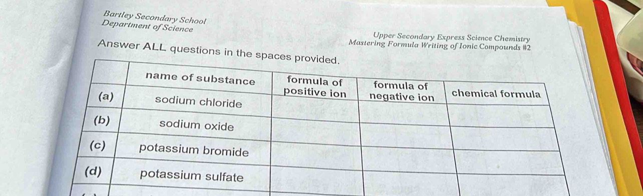 Bartley Secondary School 
Department of Science Upper Secondary Express Science Chemistry 
Mastering Formula Writing of Ionic Compounds #2 
Answer ALL questions in th