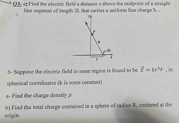 Solved: Q3- a: Find the electric field a distance z above the midpoint ...
