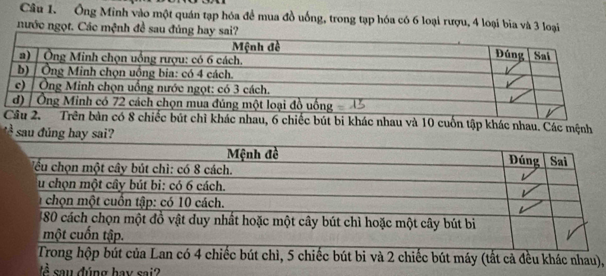 Ông Minh vào một quán tạp hóa để mua đồ uống, trong tạp hóa có 6 loại rượu, 4 loại bia và 3 loại 
nước ngọt. Các mệnh đề sau đúng hay sai? 
c bút chì khác nhau, 6 chiếc bút bi khác nhau và 10 cuốn tập khác nhau. Các mệnh 
sau đúng hay sai? 
và 2 chiếc bút máy (tất cả đều khác nhau), 
đề sau đúng hay sai?