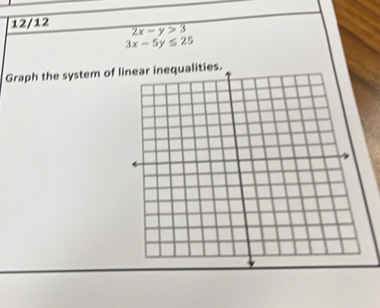 12/12
2x-y>3
3x-5y≤ 25
Graph the system of l.