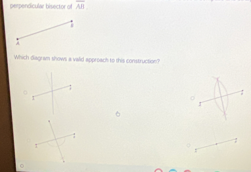 perpendicular bisector of overline AB.
A
Which diagram shows a valid approach to this construction? 
; 
n