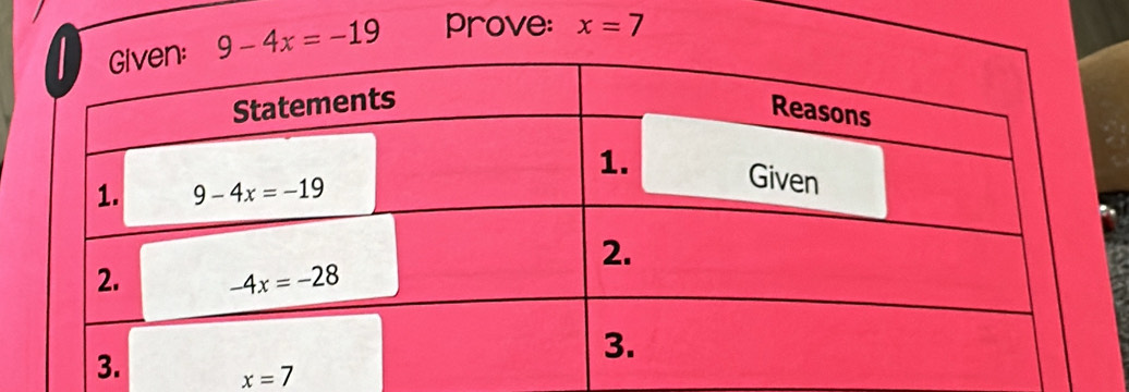 9-4x=-19 prove: x=7
x=7