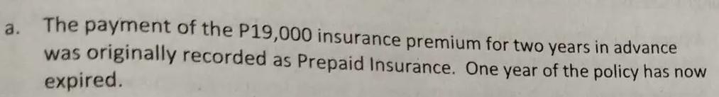 The payment of the P19,000 insurance premium for two years in advance 
was originally recorded as Prepaid Insurance. One year of the policy has now 
expired.