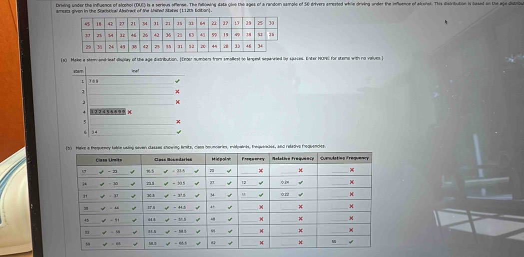 Driving under the influence of alcohol (DUI) is a serious offense. The following data give the ages of a random sample of 50 drivers arrested while driving under the influence of alcohol. This distribution is based on the age distribu
arrests given in the Statistical Abstract of the United States (112th Edition).
(a) Make a stem-and-leaf display of the age distribution. (Enter numbers from smallest to largest separated by spaces. Enter NONE for stems with no values.)
stem leaf
1 789
√
2
×
3
4 1 2 2 4 5 6 6 9 9 X
5
6 34
ng limits, class boundaries, midpoints, frequencies, and relative frequencies.