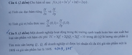 Cho hàm số sau: f(x,y)=3x^3y^2+ln (1+2xy). 
a) Tính các đạo hàm riêng  partial f/partial x  và  partial f/partial y . 
b) Tính giá trị biểu thức sau:  partial f/partial x (0,1)+ partial f/partial y (1,0). 
Câu 5. (2 điểm) Một đoanh nghiệp hoạt động trong thị trường cạnh tranh hoàn hảo sản xuất hai 
loại sản phẩm với hàm chỉ phí: TC=3Q_1^(2+2Q_1)Q_2+2Q_2^(2+10 trong đó ( Q là lượng sản phẩm i) 
Tim mức sản lượng Ω , Q_2) để đoanh nghiệp có được lợi nhuận tối đa khi giá sản phẩm một là
180$ và giá sản phẩm hai là 160$.