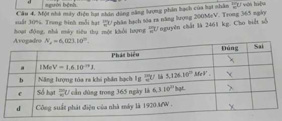 người bệnh.
Câu 4. Một nhà máy điện hạt nhân dùng năng lượng phân hạch của hạt nhân *U với hiệu
suất 30%. Trung bình mỗi hạt  235/92  phân hạch tỏa ra năng lượng 200MeV. Trong 365 ngày
hoạt động, nhà máy tiêu thụ một khổi lượng _(92)^(235)U *nguyên chất là 2461 kg. Cho biết số