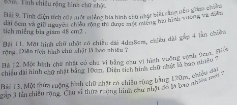 65m. Tỉnh chiếu rộng hình chữ nhật. 
Bài 9. Tính diện tích của một miếng bia hình chữ nhật biết rằng nếu giám chiều 
dài 6cm và giữ nguyên chiều rộng thì được một miếng bìa hình vuống và điện 
tích miếng bìa giảm 48 cm2. 
Bài 11. Một hình chữ nhật có chiều dài 4dm8cm, chiều dài gắp 4 lần chiều 
rộng. Diện tích hình chữ nhật là bao nhiêu ? 
Bà 12. Một hình chữ nhật có chu ví bằng chu vi hình vuông cạnh 9cm. Biết 
chiều dài hình chữ nhật bằng 10cm. Diện tích hình chữ nhật là bao nhiêu 7 
Bài 13. Một thửa ruộng hình chữ nhật có chiều rộng bằng 120m, chiều đài 
gấp 3 lần chiều rộng. Chu vi thửa ruộng hình chữ nhật đổ là bao nhiều mét ?