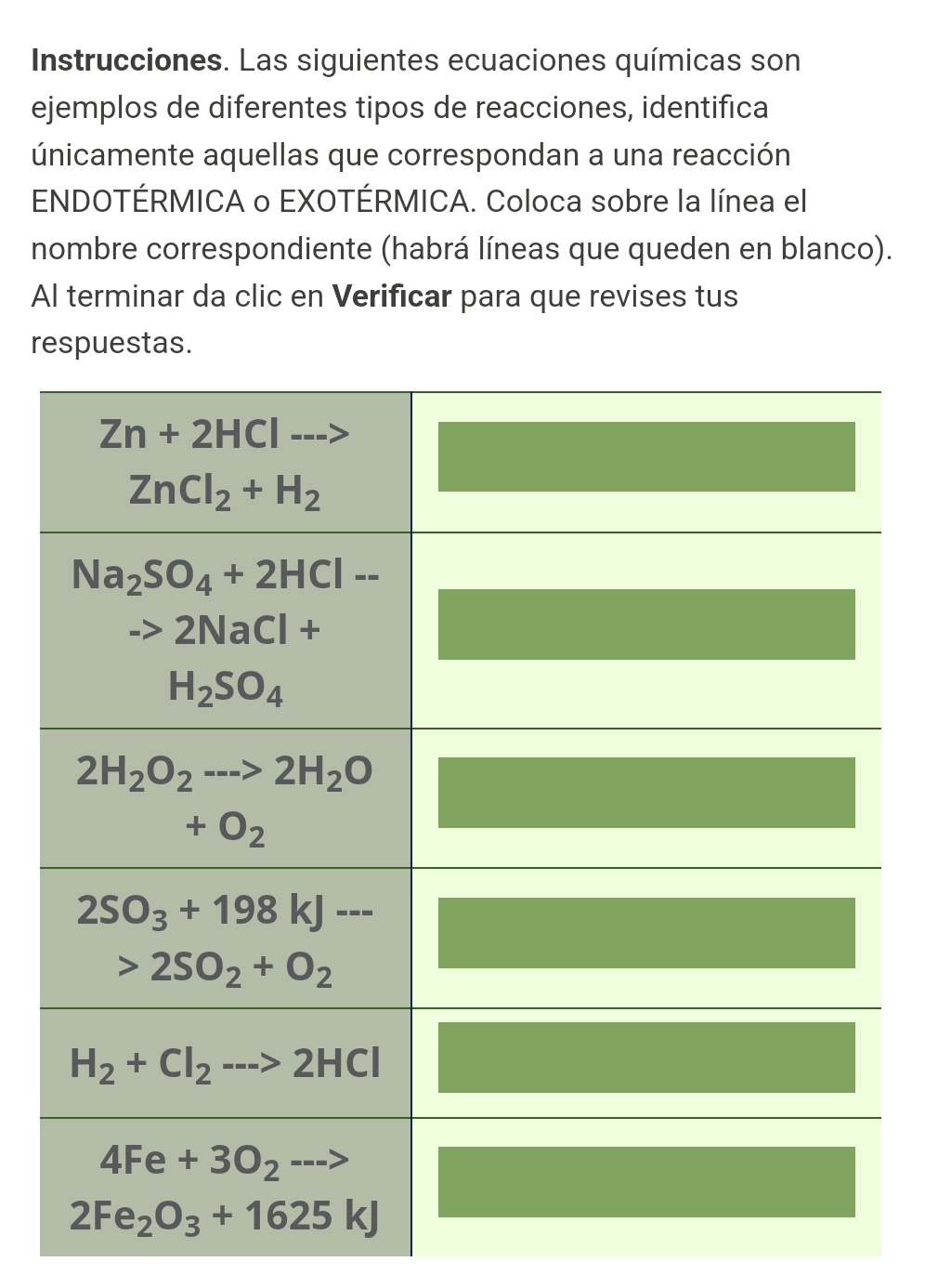 Instrucciones. Las siguientes ecuaciones químicas son
ejemplos de diferentes tipos de reacciones, identifica
únicamente aquellas que correspondan a una reacción
ENDOTÉRMICA o EXOTÉRMICA. Coloca sobre la línea el
nombre correspondiente (habrá líneas que queden en blanco).
Al terminar da clic en Verificar para que revises tus
respuestas.