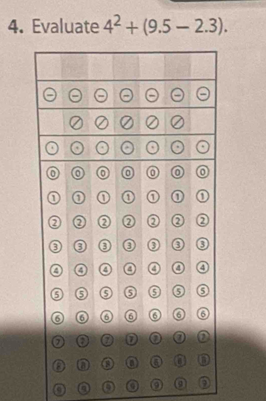 Evaluate 4^2+(9.5-2.3). 
o o 9