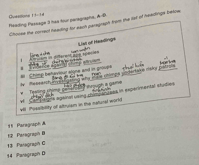 Reading Passage 3 has four paragraphs, A-D. 
Choose the correct heading for each paragraph from the list of headings below 
List of Headings 

Altruism in different ape species 
Il Évidence against chimp altruism 
Iii Chimp behaviour alone and in groups 
Iv Research investigating why male chimps undertake risky patrols 
v Testing chimp generosity through a game 
vi Campaigns against using chimpanzees in experimental studies 
vii Possibility of altruism in the natural world 
11 Paragraph A 
12 Paragraph B 
13 Paragraph C 
14 Paragraph D