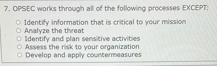 Solved: OPSEC works through all of the following processes EXCEPT ...