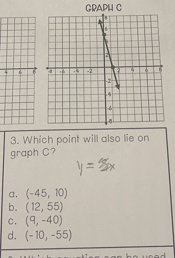 GRAPH C
4 6 8
3. Which point will also lie on
graph C?
a. (-45,10)
b. (12,55)
C. (9,-40)
d. (-10,-55)