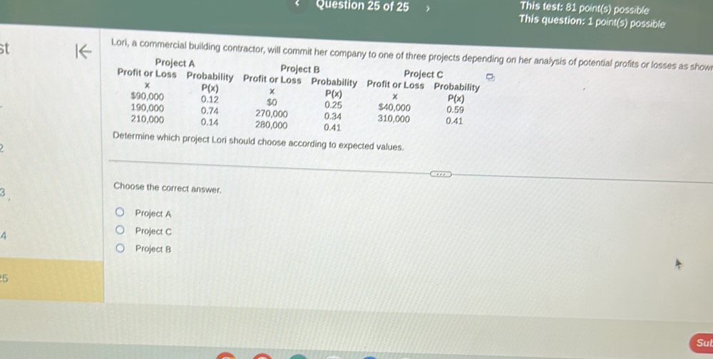 This test: 81 point(s) possible
This question: 1 point(s) possible
st
Lori, a commercial building contractor, will commit her company to one of three projects depending on her analysis of potential profits or losses as show
Project A Project B Project C
Profit or Loss Probability Profit or Loss Probability Profit or Loss Probability
× P(x) x P(x) P(x)
$90,000 0.12 $0 0.25 $40,000 0.59
190,000 0.74 270,000 0.41 0.41
0.34
210,000 0.14 280,000 310,000
Determine which project Lori should choose according to expected values.
Choose the correct answer.
a
Project A
4
Project C
Project B
5
Sul