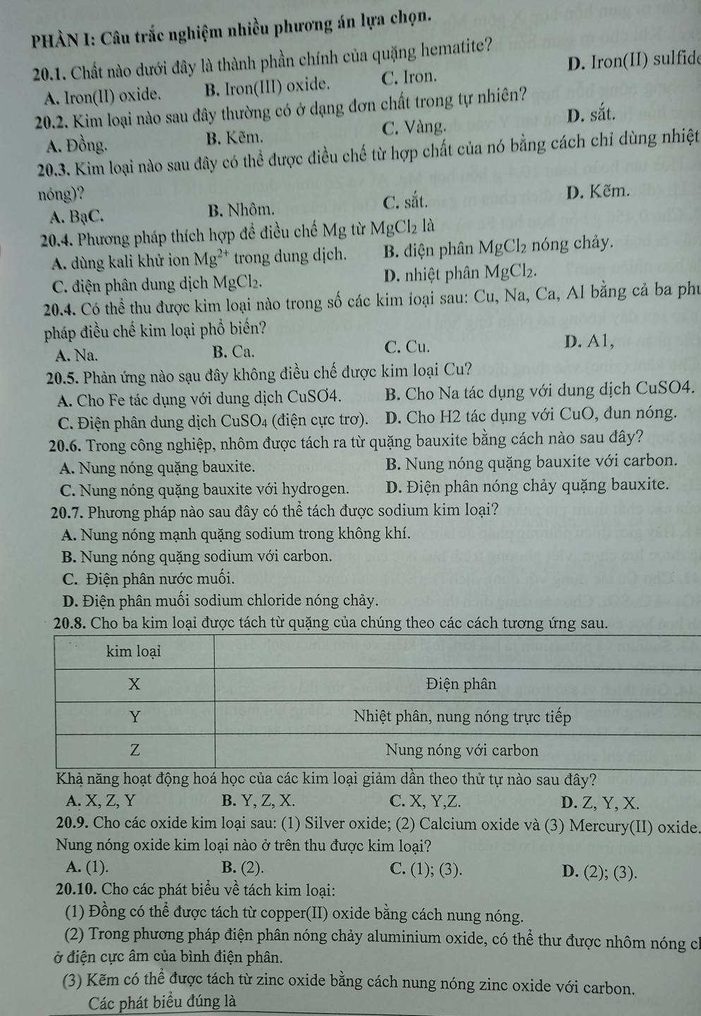 PHÀN I: Câu trắc nghiệm nhiều phương án lựa chọn.
D. Iron(II) sulfide
20.1. Chất nào dưới đây là thành phần chính của quặng hematite?
A. Iron(II) oxide. B. Iron(III) oxide. C. Iron.
20.2. Kim loại nào sau đây thường có ở dạng đơn chất trong tự nhiên?
D. shat at.
C. Vàng.
A. Đồng. B. Kẽm.
20.3. Kim loại nào sau đây có thể được điều chế từ hợp chất của nó bằng cách chỉ dùng nhiệt
nóng)? D. Kẽm.
A. BaC. B. Nhôm.
C. shat at.
20.4. Phương pháp thích hợp đề điều chế Mg từ MgCl_2la
A. dùng kali khử ion Mg^(2+) trong dung dịch. B. điện phân MgCl_2 nóng h ả .
C. điện phân dung dịch Mg C D. nhiệt phân MgCl_2.
20.4. Có thể thu được kim loại nào trong số các kim loại sau: Cu, Na, Ca, Al bằng cả ba phụ
pháp điều chế kim loại phổ biến?
A. Na. B. Ca. C. Cu. D. A1,
20.5. Phản ứng nào sạu đây không điều chế được kim loại Cu?
A. Cho Fe tác dụng với dung dịch CuSO4. B. Cho Na tác dụng với dung dịch CuSO4.
C. Điện phân dung dịch CuSO4 (điện cực trơ). D. Cho H2 tác dụng với CuO, đun nóng.
20.6. Trong công nghiệp, nhôm được tách ra từ quặng bauxite bằng cách nào sau đây?
A. Nung nóng quặng bauxite. B. Nung nóng quặng bauxite với carbon.
C. Nung nóng quặng bauxite với hydrogen. D. Điện phân nóng chảy quặng bauxite.
20.7. Phương pháp nào sau đây có thể tách được sodium kim loại?
A. Nung nóng mạnh quặng sodium trong không khí.
B. Nung nóng quặng sodium với carbon.
C. Điện phân nước muối.
D. Điện phân muối sodium chloride nóng chảy.
20.8. Cho ba kim loại được tách từ quặng của chúng theo các cách tương ứng sau.
Khả năng hoạt động hoá học của các kim loại giảm dần theo thử tự nào sau đây?
A. X, Z, Y B. Y, Z, X. C. X, Y,Z. D. Z, Y, X.
20.9. Cho các oxide kim loại sau: (1) Silver oxide; (2) Calcium oxide và   () Mercury(II) oxide.
Nung nóng oxide kim loại nào ở trên thu được kim loại?
A. (1). B. (2). C. (1);(3). D. (2); (3).
20.10. Cho các phát biểu về tách kim loại:
(1) Đồng có thể được tách từ copper(II) oxide bằng cách nung nóng.
(2) Trong phương pháp điện phân nóng chảy aluminium oxide, có thể thư được nhôm nóng ch
ở điện cực âm của bình điện phân.
(3) Kẽm có thể được tách từ zinc oxide bằng cách nung nóng zinc oxide với carbon.
Các phát biểu đúng là