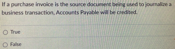 If a purchase invoice is the source document being used to journalize a
business transaction, Accounts Payable will be credited.
True
False