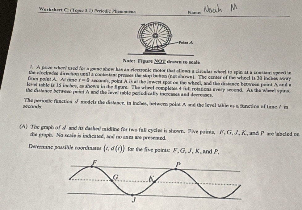 Worksheet C: (Topic 3.1) Periodic Phenomena Name: 
Point A
Note: Figure NOT drawn to scale 
1. A prize wheel used for a game show has an electronic motor that allows a circular wheel to spin at a constant speed in 
the clockwise direction until a contestant presses the stop button (not shown). The center of the wheel is 30 inches away 
from point A. At time t=0 seconds, point A is at the lowest spot on the wheel, and the distance between point A and a
level table is 15 inches, as shown in the figure. The wheel completes 4 full rotations every second. As the wheel spins, 
the distance between point A and the level table periodically increases and decreases. 
The periodic function d models the distance, in inches, between point A and the level table as a function of time / in
seconds. 
(A) The graph of d and its dashed midline for two full cycles is shown. Five points, F, G, J, K, and P are labeled on 
the graph. No scale is indicated, and no axes are presented. 
Determine possible coordinates (t,d(t)) for the five points: F, G, J, K, and P.