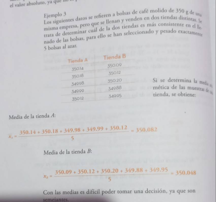 el valor absoluto, ya que nu 
Ejemplo 3 
Los siguientes datos se refieren a bolsas de café molido de 350 g de una 
misma empresa, pero que se llenan y venden en dos tiendas distintas. Se 
trata de determinar cuál de la dos tiendas es más consistente en el lle 
nado de las bolsas, para ello se han seleccionado y pesado exactamente
5 bolsas al azar. 
Si se determina la media 
mética de las muestras de 
tienda, se obtiene: 
Media de la tienda A:
overline x_4= (350.14+350.18+349.98+349.99+350.12)/5 =350.082
Media de la tienda B:
x_y= (350.09+350.12+350.20+349.88+349.95)/5 =350.048
Con las medias es difícil poder tomar una decisión, ya que son 
semejantes.