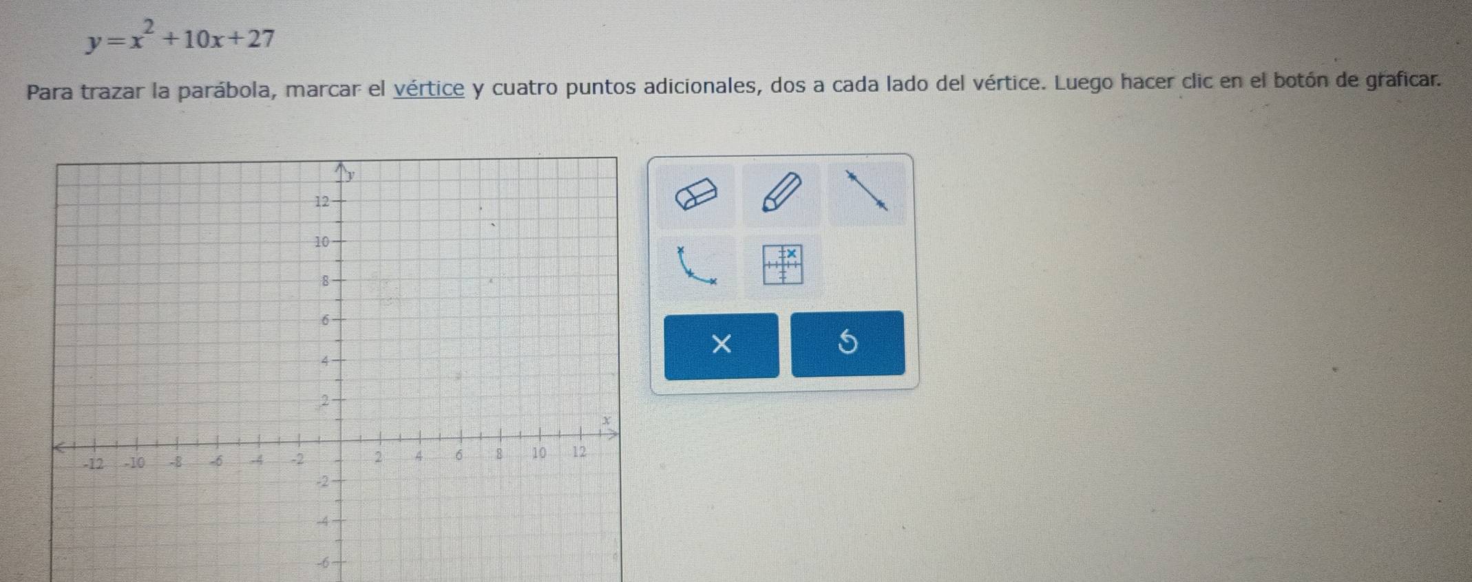 y=x^2+10x+27
Para trazar la parábola, marcar el vértice y cuatro puntos adicionales, dos a cada lado del vértice. Luego hacer clic en el botón de graficar.
-6