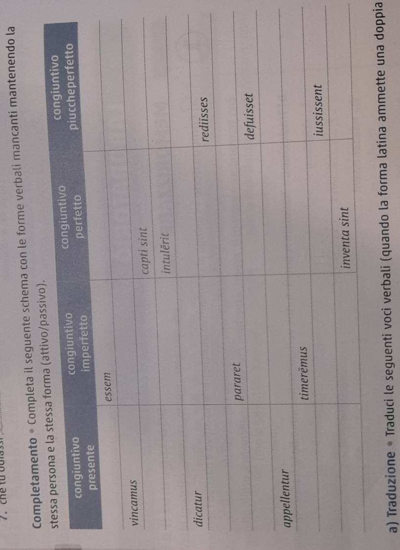 Completamento • Completa il seguente schema con le forme verbali mancanti mantenendo la 
a) Traduzione • Traduci le seguenti voci verbali (quando la forma latina ammette una doppia