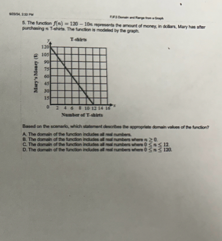 W2V2 2:12 PW 11,85 Domain and Range from a Graph
5. The function f(n)=120-10n represents the amount of money, in dolliars, Mary has after
purchasing n T-shirts. The function is modeled by the graph.
:
Number of T-shirts
Based on the scenario, which stattement describes the appropriate domain vallues of the function?
A. The domain of the function includes alll real numbers,
B. The domain of the function includes all real numbers where n≥ 0.
C. The domain of the function includes all real numbers where 0≤ n≤ 12
D. The domain of the function includes all reall numbers where 0≤ n≤ 120.