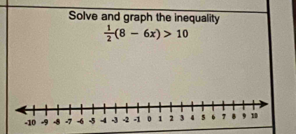 Solve and graph the inequality
 1/2 (8-6x)>10