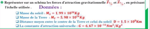 Représenter sur un schéma les forces d'attraction gravitationnelle vector F_s/_r et vector Ftau /s , en précisant 
l'échelle utilisée . Données : 
Masse du soleil : M_S=1,99* 10^(30)Kg
Masse de la Terre : M_T=5,98* 10^(24)Kg
Distance moyen entre le centre de la Terre et celui du soleil D=1.5* 10^8Km
La constante d'attraction universelle : G=6.67* 10^(-11)Nm^2/Kg^2