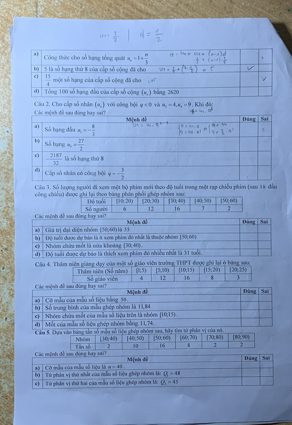 Cho cấp số nhân (u_n) với công bội q<0</tex> và u_2=4,u_4=9. Khi đó:
Câu 3. Số lượng người đi xem một bộ phim mới theo độ tuổi trong một rạp chiếu phim (sau 1½ đầu
công chiếu)  phối ghép nhóm sau:
Các mệnng hay sai?
Câu 4 THPT được ghi lại ở bảng sau:
Câu 5. Dtìm tứ phân vị của nó.