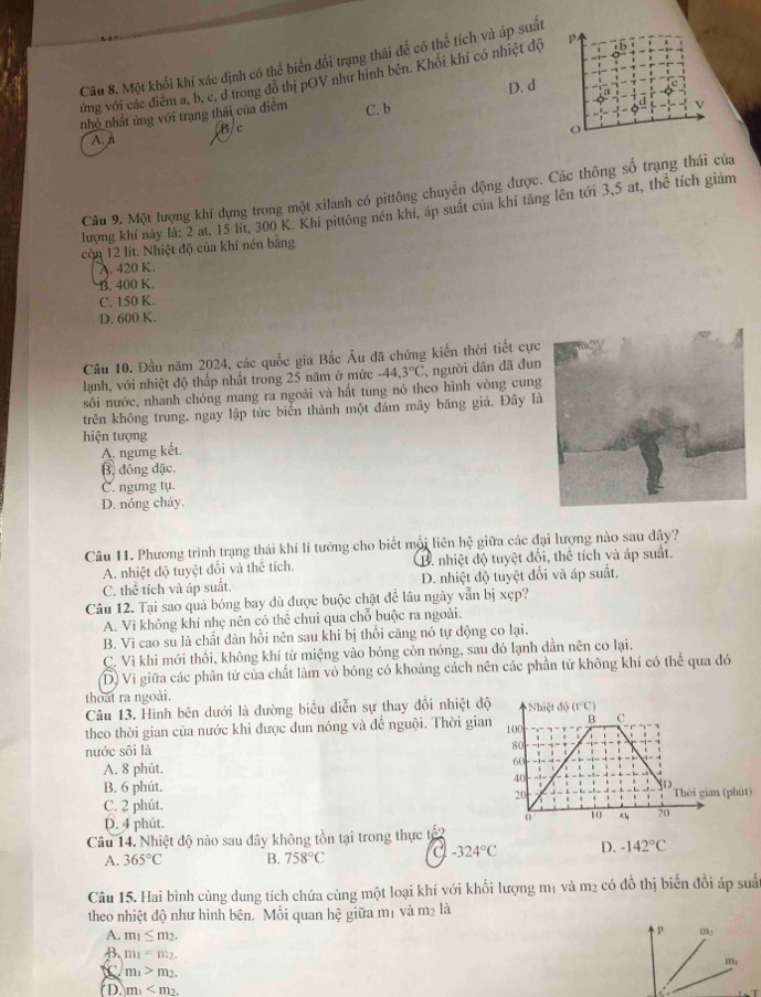 Một khổi khí xác định có thể biển đổi trạng thái để có thể tích và áp suất
ứng với các điểm a, b, c, d trong đô thị pOV như hình bên. Khối khí có nhiệt độ p
D. d
nhỏ nhất ứng với trạng thái của điểm C. b
v
A. a B. c
o
Câu 9. Một lượng khí dựng trong một xilanh có pittông chuyển động được. Các thông số trạng thái của
lượng khí này lá: 2 at, 15 lit, 300 K. Khi pittông nén khí, áp suất của khí tăng lên tới 3,5 at, thể tích giảm
còn 12 lit. Nhiệt độ của khí nén bằng
A. 420 K.
B. 400 K.
C. 150 K.
D. 600 K.
Câu 10. Đầu năm 2024, các quốc gia Bắc Âu đã chứng kiến thời tiết cực
lạnh, với nhiệt độ thấp nhất trong 25 năm ở mức
sôi nước, nhanh chóng mang ra ngoài và hất tung nó theo hình vòng cung -44.3°C , người dân đã đun
trên không trung, ngay lập tức biến thành một đám mây băng giá. Đây là
hiện tượng
A. ngưng kết.
B. đông đặc.
C. ngưng tụ.
D. nóng chảy.
Câu 11. Phương trình trạng thái khí lí tướng cho biết mối liên hệ giữa các đại lượng nào sau đây?
A. nhiệt độ tuyệt đối và thể tích. B. nhiệt độ tuyệt đổi, thể tích và áp suất.
C. thể tích và áp suất. D. nhiệt độ tuyệt đối và áp suất.
Câu 12. Tại sao quả bóng bay dù được buộc chặt để lâu ngày vẫn bị xẹp?
A. Vì không khí nhẹ nên có thể chui qua chỗ buộc ra ngoài.
B. Vì cao su là chất dàn hồi nên sau khi bị thổi căng nó tự động co lại.
C. Vì khi mới thổi, không khí từ miệng vào bóng còn nóng, sau đó lạnh dần nên co lại.
D) Vi giữa các phân tử của chất làm vỏ bóng có khoảng cách nên các phần tử không khí có thể qua đó
thoát ra ngoài.
Câu 13. Hình bên dưới là đường biểu diễn sự thay đổi nhiệt đ
theo thời gian của nước khi được dun nóng và để nguội. Thời gia
nước sôi là
A. 8 phút.
B. 6 phút.
C. 2 phút.
D. 4 phút.
Câu 14. Nhiệt độ nào sau đây không tồn tại trong thực tổ2
A. 365°C B. 758°C C -324°C D. -142°C
Câu 15. Hai bình cùng dung tích chứa cùng một loại khí với khối lượng mị và m² có đồ thị biến đồi áp suấ
theo nhiệt độ như hình bên. Mối quan hệ giữa mị và m_2 là
A. m_1≤ m_2.
p m.
B. m_1=m_2.
m
m_1>m_2.
D m_1