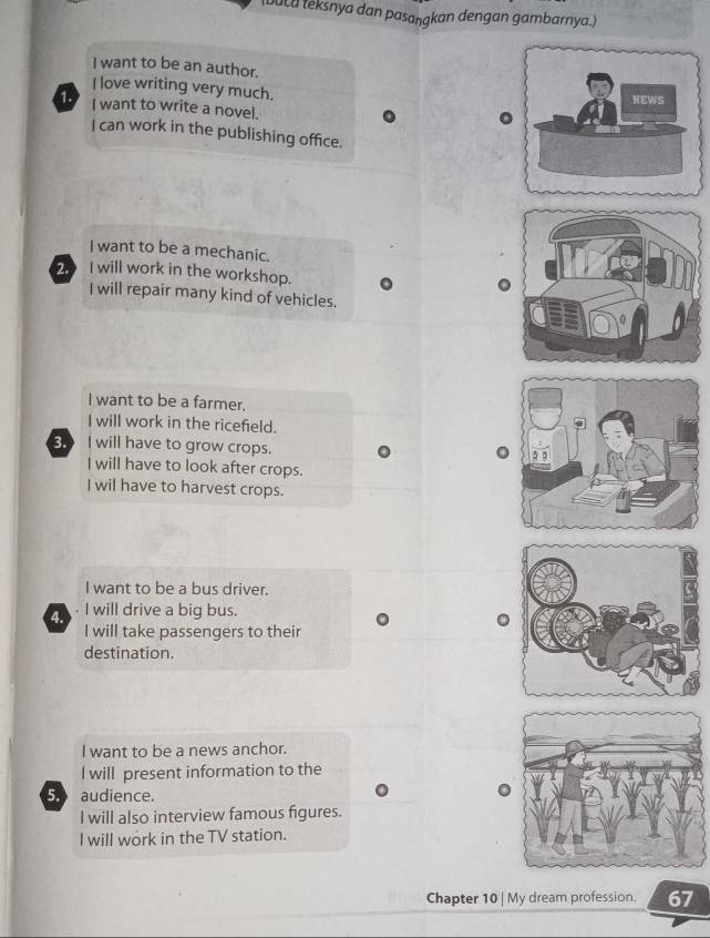 ouca teksnya dan pasaṅgkan dengan gambarnya.)
I want to be an author.
I love writing very much.
1. I want to write a novel.
。
I can work in the publishing office.
I want to be a mechanic.
2 I will work in the workshop.
I will repair many kind of vehicles.
I want to be a farmer.
I will work in the ricefield.
3. I will have to grow crops.
I will have to look after crops.
I wil have to harvest crops.
I want to be a bus driver.
4. . I will drive a big bus.
I will take passengers to their
destination.
I want to be a news anchor.
l will present information to the
5 audience.
l will also interview famous figures.
l will work in the TV station.
Chapter 10 | My dream profession. 67